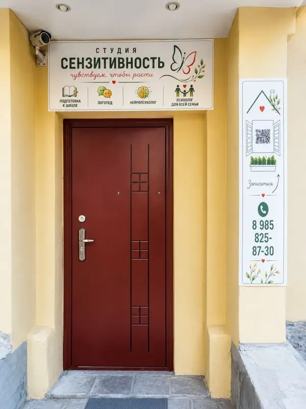 Вход в студию: дверь под вывеской «Студия Сензитивность»